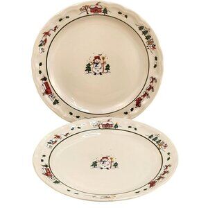 Pfaltzgraff Snow Village Winter Holiday 11 in Plates Set Of 2 With Snowman Scene